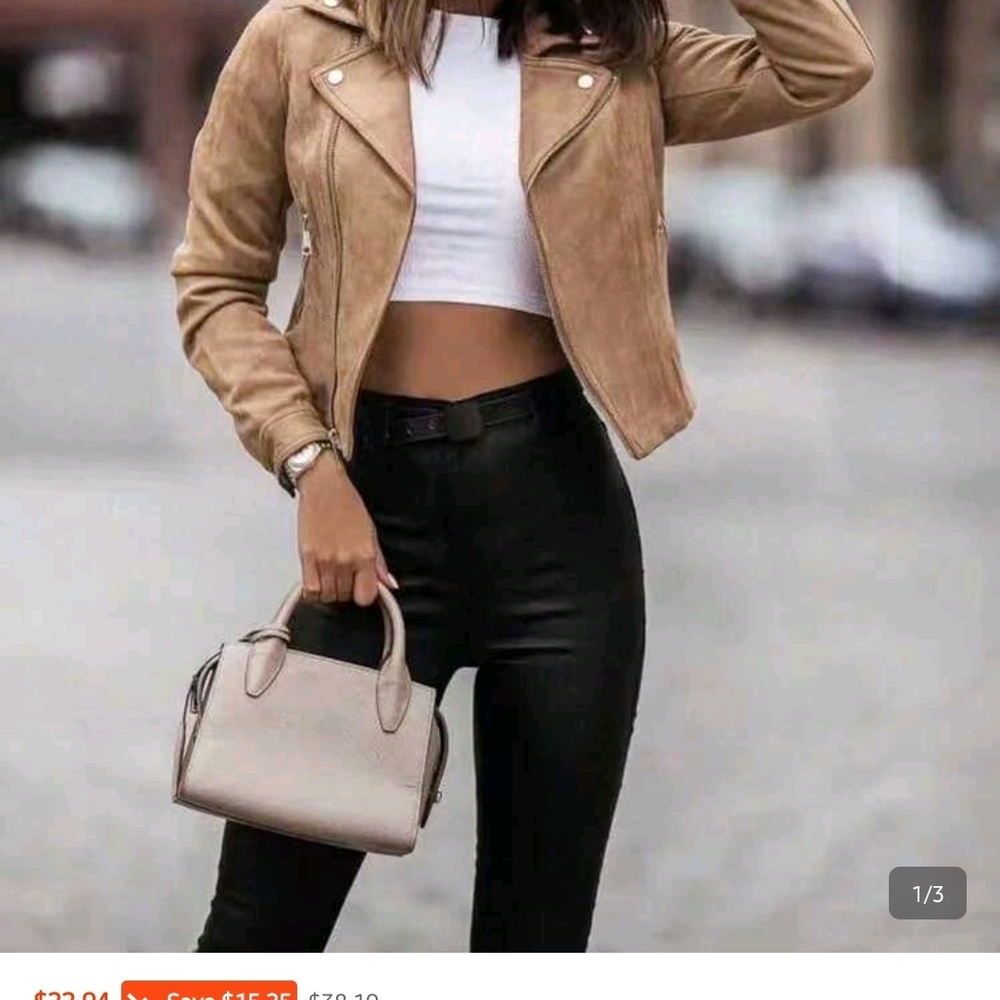 Tan Faux Suede Fleece Women's Jacket Casual Retro Oblique Zipper